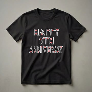 Black t-shirt with white text that reads 'HAPPY 9TH ANNIVERSAY', with red hearts incorporated into the lettering.