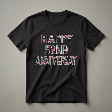 Black t-shirt with white text that reads 'HAPPY 52ND ANNIVERSARY', featuring red heart accents within the letters.