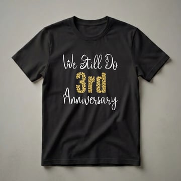 Black t-shirt with white script text 'We Still Do' and 'Anniversary', and gold bubble-filled text '3rd'.