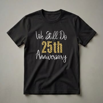 Black t-shirt with white script reading "We Still Do" and "Anniversary", and "25th" in gold glitter-like circles, celebrating a 25th wedding anniversary.