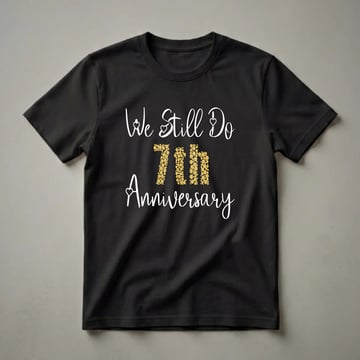 Black t-shirt with white script text 'We Still Do' above gold bubble-filled '7th' and white script text 'Anniversary'.