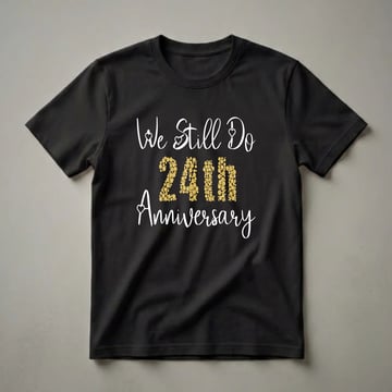Black t-shirt with white script text 'We Still Do' and 'Anniversary', and gold bubble-filled numbers '24th' in the center.
