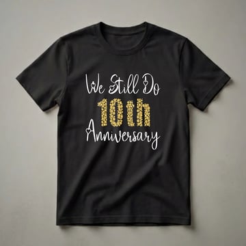 Black t-shirt with white script reading 'We Still Do' and 'Anniversary', and '10TH' in gold glitter circles, celebrating a 10th wedding anniversary.