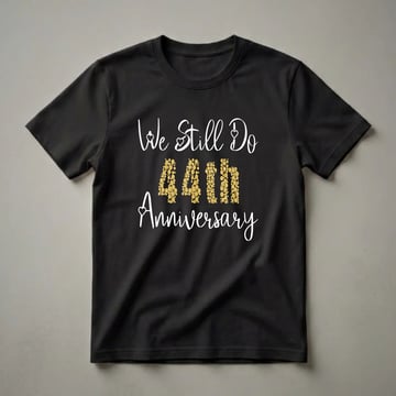 Black t-shirt with white script text 'We Still Do' above gold bubble-filled numbers '44' and white script text 'Anniversary'.