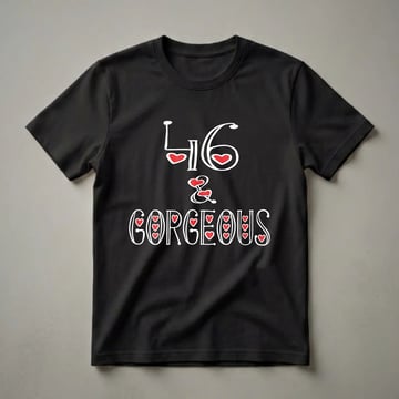 Black t-shirt with white text that reads '46 & GORGEOUS', featuring red heart accents within the numbers and letters.