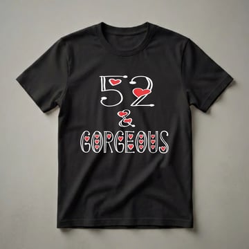 Black t-shirt with white text that reads '52 & Gorgeous' and features red heart accents.