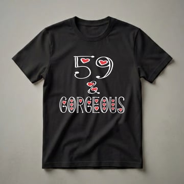 Black t-shirt with white text that reads '59 & Gorgeous', accented with red hearts, celebrating a 59th birthday for women.