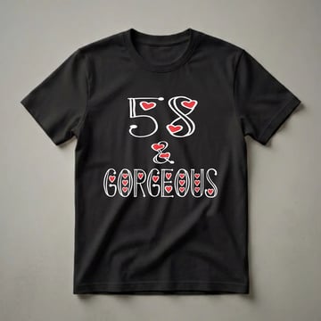 Black t-shirt with white and red graphic text that reads '58 & GORGEOUS', featuring heart accents.