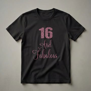 Black t-shirt with the number 16 formed by pink hearts and circles, and the words 'And Fabulous' in glittery pink script below.