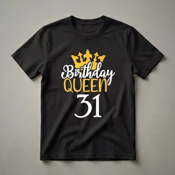 Black graphic t-shirt with a golden crown, white and gold 'Birthday QUEEN' text, and a large white '31' for a woman's 31st birthday.