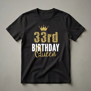 Black t-shirt with gold glitter '33rd' and crown graphic above distressed white 'BIRTHDAY Queen' text with a gold glitter heart.