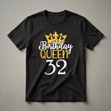 Black t-shirt with a graphic design featuring a gold crown, white and gold "Birthday Queen" text, and large white "32" numerals.