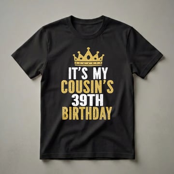 Black t-shirt with a gold glitter crown and the text 'IT'S MY COUSIN'S 39TH BIRTHDAY' in distressed white and gold glitter fonts.