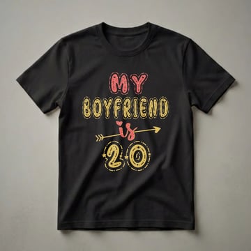 Black t-shirt with red and gold glitter-effect text that reads "MY BOYFRIEND IS 20" with decorative elements like hearts, stars, and an arrow.