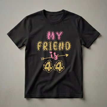 Black t-shirt with glittery pink and gold text that reads 'MY FRIEND is 44' with decorative elements like hearts, stars, and an arrow.