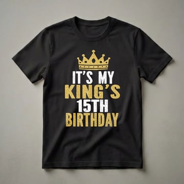 Black t-shirt with a gold glitter crown graphic above distressed white and gold text that reads 'IT'S MY KING'S 15TH BIRTHDAY'.