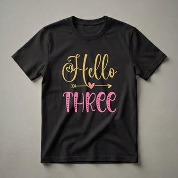 Black t-shirt featuring the text 'Hello Three' in glittery gold and pink fonts, with heart and arrow graphic elements, celebrating a third birthday.