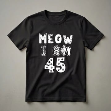 Black t-shirt with white text that reads 'MEOW I AM 45', featuring a cat face in the 'M' of MEOW and paw prints decorating the numbers 45.