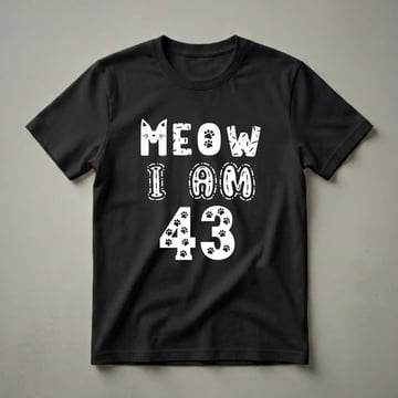 Black t-shirt with white text that reads 'MEOW I AM 43', featuring a cat face graphic and paw print fill for the number 43.