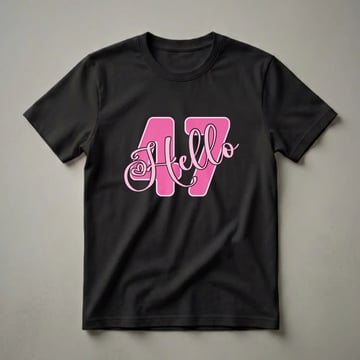 A black t-shirt featuring a graphic design with the number 47 in large pink block letters and the word "Hello" in pink script font.