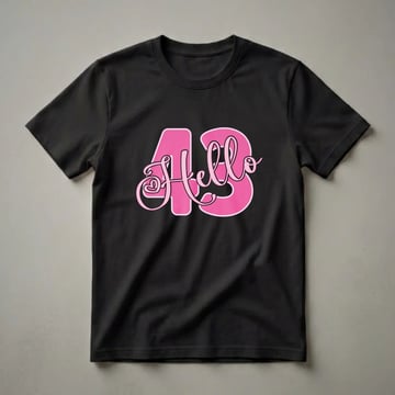 Pink graphic t-shirt with the number 43 and the word 'Hello' in a playful font, designed for women celebrating their 43rd birthday.