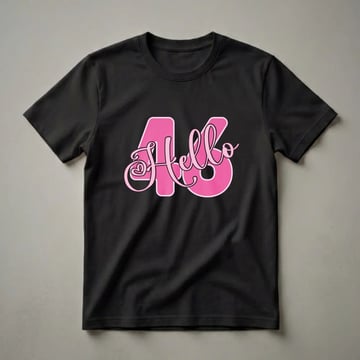 Pink graphic t-shirt with the number 46 and the word 'Hello' in a script font, designed for a 46th birthday celebration.