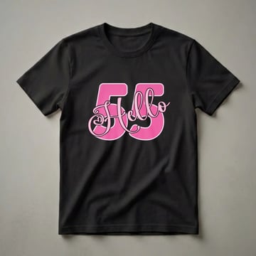 Pink 'Hello 55' graphic t-shirt with a heart detail, designed for women celebrating their 55th birthday.