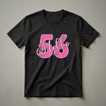 Pink graphic t-shirt with the words 'Hello 56' in a bold font, featuring a heart detail within the number 5.