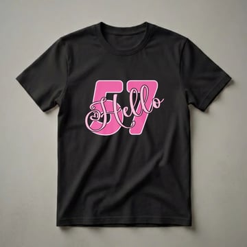 Pink 'Hello 57' graphic t-shirt with a heart detail in the 'o', designed for women celebrating their 57th birthday.