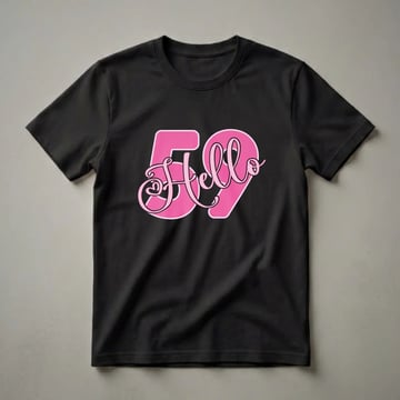 Pink 'Hello 59' graphic t-shirt with a heart detail, designed for women celebrating their 59th birthday.