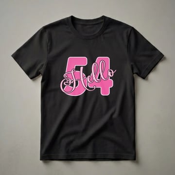 Pink 'Hello 54' graphic t-shirt with a script font and heart detail, designed for women celebrating their 54th birthday.