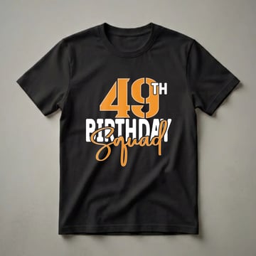 Black t-shirt with large orange and white text that reads '49TH BIRTHDAY SQUAD'.