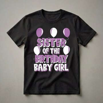 Black t-shirt with purple and white text that reads 'SISTER OF THE BIRTHDAY BABY GIRL' surrounded by purple and white balloons.