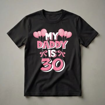 Black t-shirt with pink and white text that reads 'MY DADDY IS 30' surrounded by pink balloons and bows, celebrating a 30th birthday.