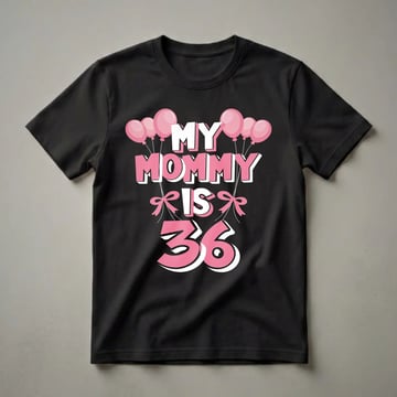 Black t-shirt with pink and white text that reads 'MY MOMMY IS 36', adorned with pink balloons and bows.