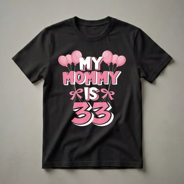 Black t-shirt with pink and white text that reads 'MY MOMMY IS 33' surrounded by pink balloons and pink bows.