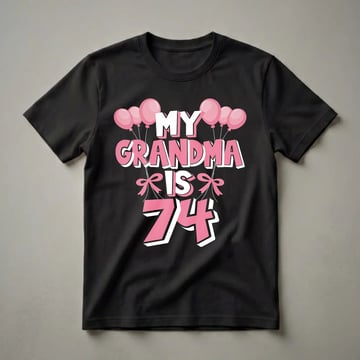 Black t-shirt with the text "MY GRANDMA IS 74" in large pink and white letters, adorned with pink balloons and bows.