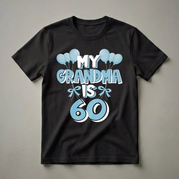 Light blue and white graphic t-shirt with text 'MY GRANDMA IS 60' and light blue balloons and bows.