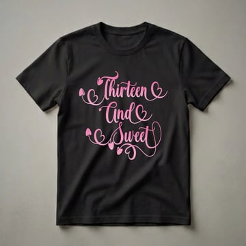 A black t-shirt graphic featuring the words "Thirteen And Sweet" in a pink gradient script font, decorated with small hearts and decorative swirls.