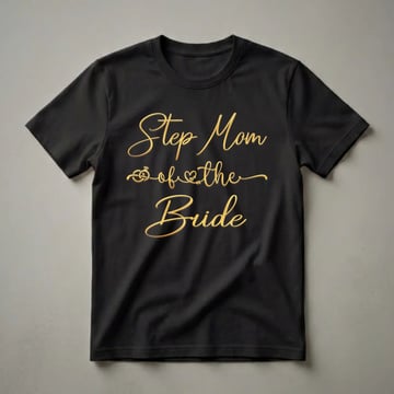 Black t-shirt with gold script text that reads 'Step Mom of the Bride' and includes a graphic of intertwined wedding rings and a heart.