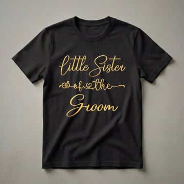Black t-shirt with gold script text reading 'little Sister of the Groom' and decorative wedding ring and heart graphics.