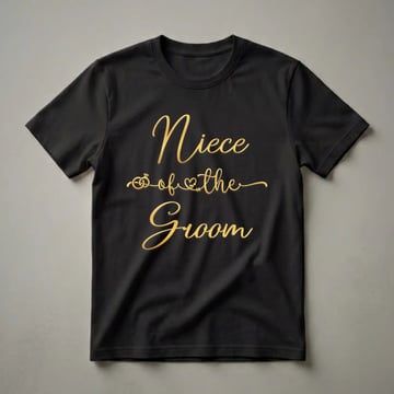 Black t-shirt with gold script text reading 'Niece of the Groom' and graphics of wedding rings and a heart with an arrow.