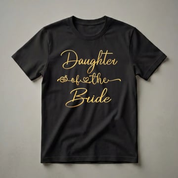 Black t-shirt with gold script text 'Daughter of the Bride' and graphics of a wedding ring and a heart.