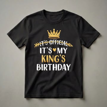 Black t-shirt with a golden crown and the text 'It's Official It's My King's Birthday' in white and gold lettering.