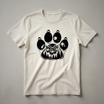 Black graphic t-shirt with a white wolf paw print design, showing a wolf howling at the moon in a forest.