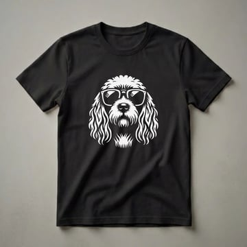 White graphic of a Cockapoo dog wearing sunglasses, with a distressed texture, on a black t-shirt.