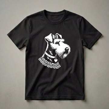 White graphic of an Airedale Terrier's head wearing a bow and a collar with a heart charm, presented on a black background.