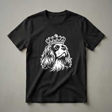 White graphic of a Cavalier King Charles Spaniel dog wearing an ornate crown, set against a black background, on a t-shirt.