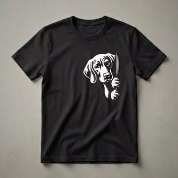 White graphic of a Vizsla dog's head and paws peeking from the right side on a black t-shirt.