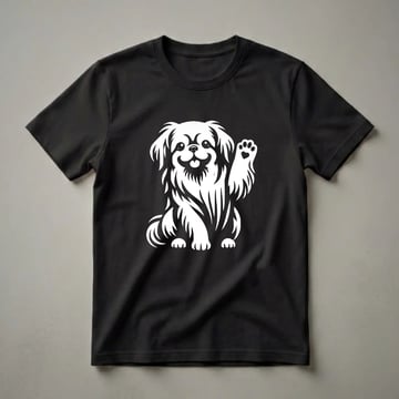 White graphic of a Pekingese dog sitting and waving its right paw, which has a heart shape within the paw pad, on a black background.
